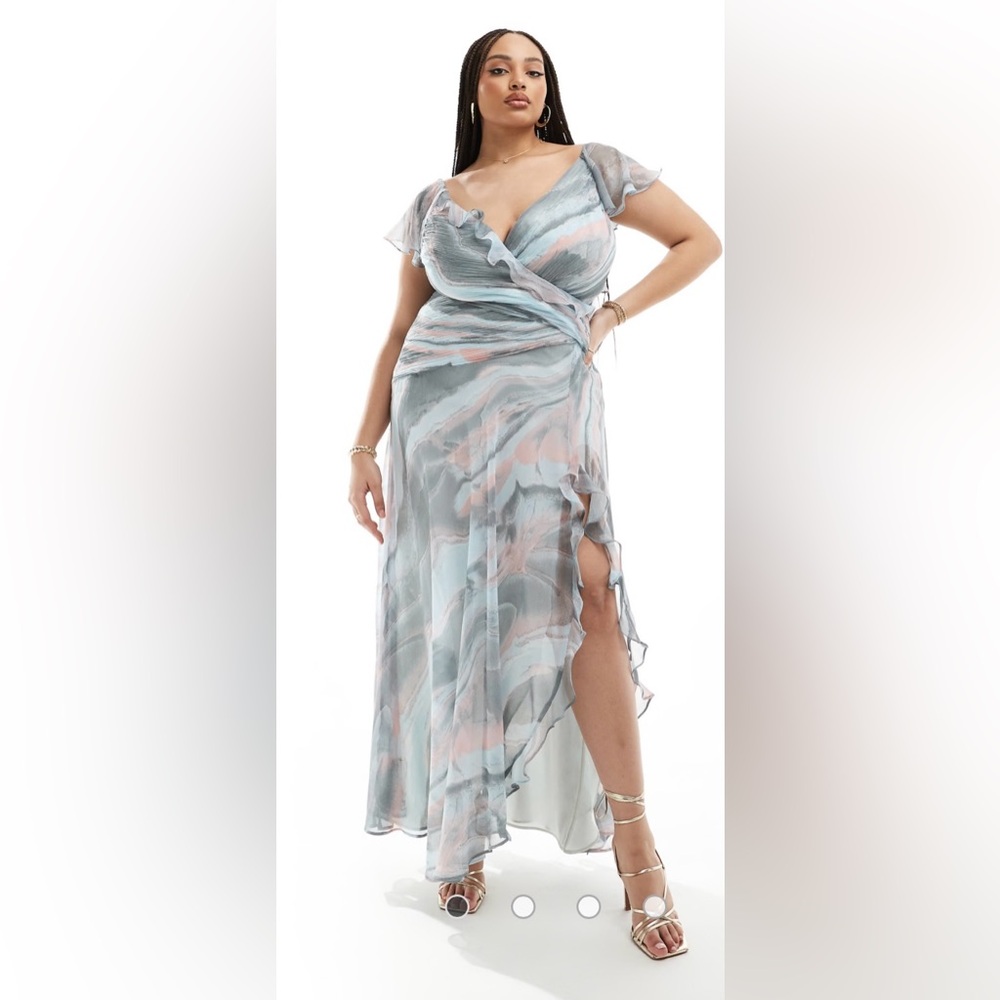 ASOS Curve wrap front ruffle maxi dress with high split detail in abstract print